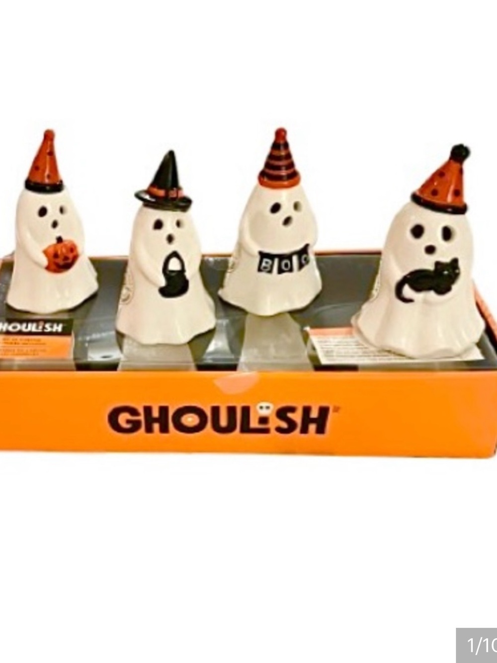 🆕- Goulish-Set/4 Halloween Light-Up Ceramic Ghosts - New in Box